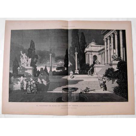 Litografía de La Ilustración Artística. El incendio de Roma en tiempos de Nerón