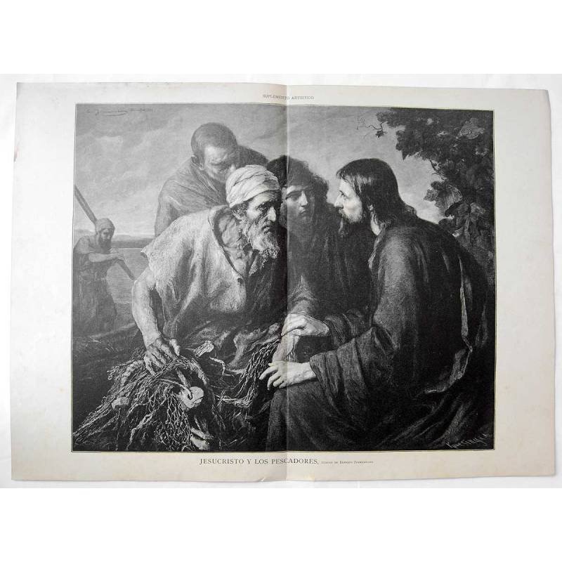 Litografía de La Ilustración Artística. Jesucristo y los pescadores