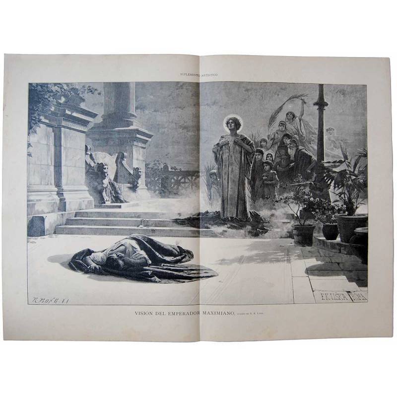 Litografía de La Ilustración Artística. Visión del emperador Maximiano (s.XIX)