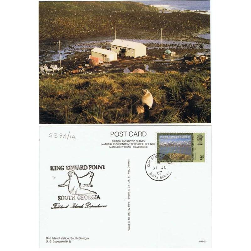 Tarjeta postal Falkland Islands Dependencies. Primer Día. Circulada 31-07-1987. Matasellos conmemorativo