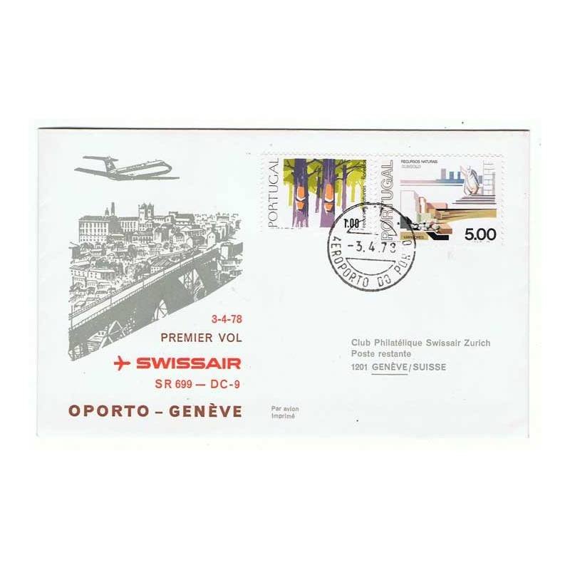 Sobre conmemorativo de Portugal. Primer vuelo Swissair Oporto-Genova 3-4-1978