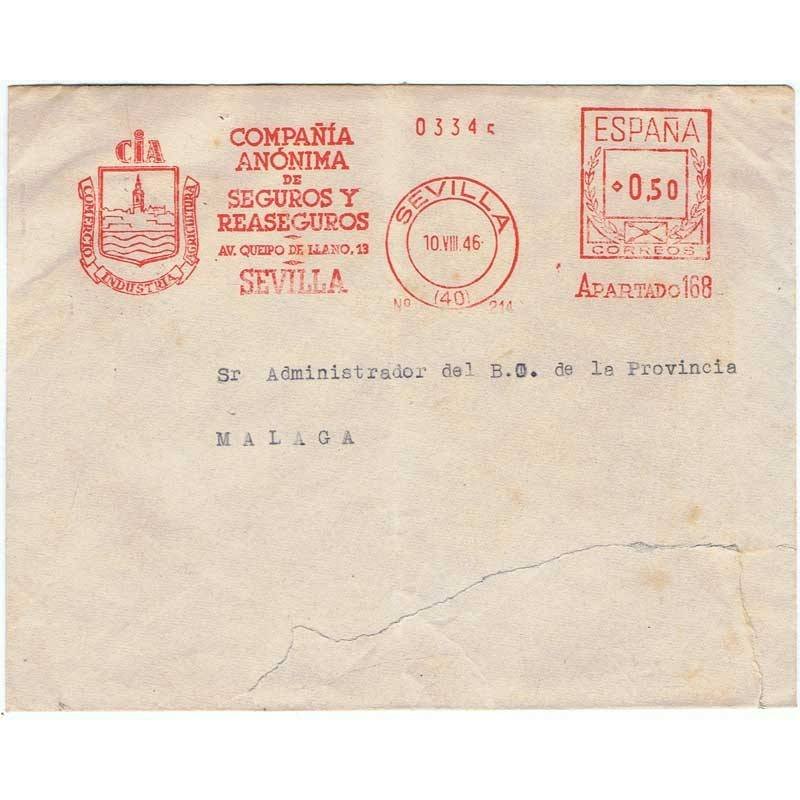 Sobre circulado matasellos Sevilla 10-08-1946. Compañía Anónima de Seguros y Reaseguros