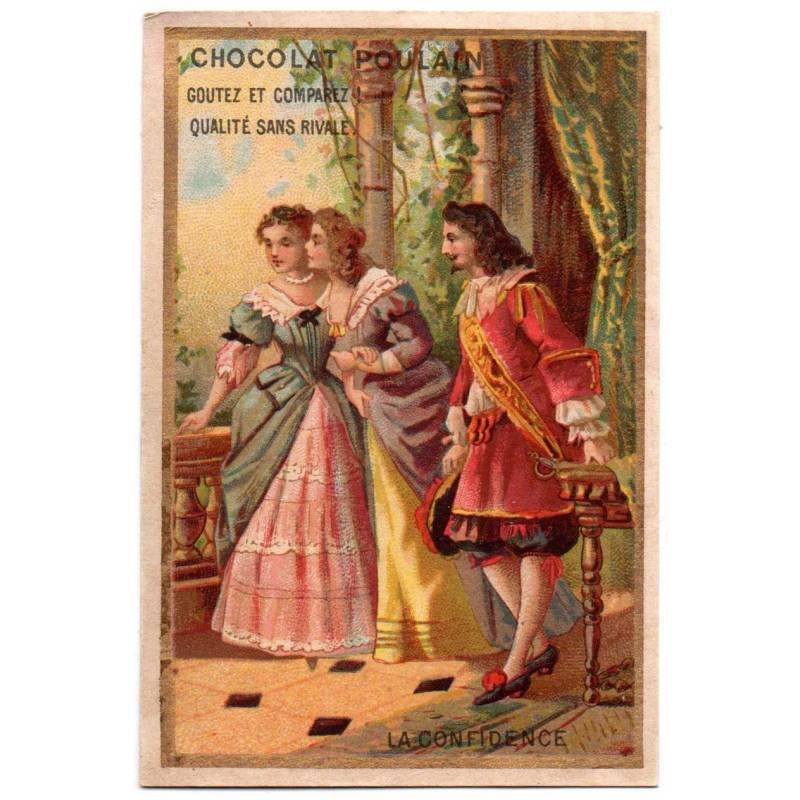 Antiguo cromo publicitario Chocolat Poulain. La Confidence