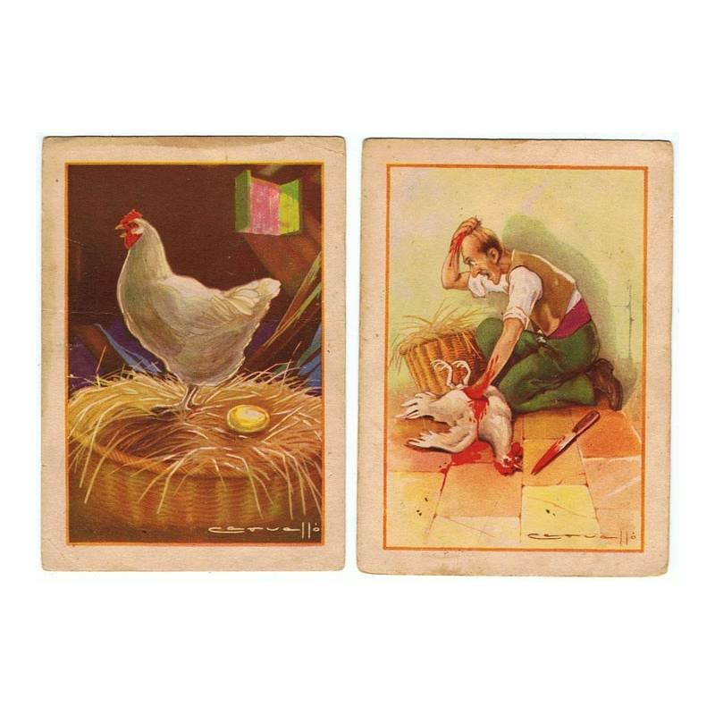 Colección completa de 2 cromos fábula La Gallina de los Huevos de Oro 7,5 x 10,5 cm