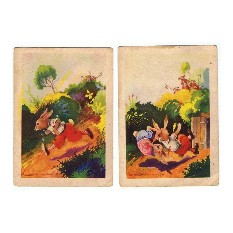 Colección completa de 2 cromos fábula Los Dos Conejos. 7,5 x 10,5 cm