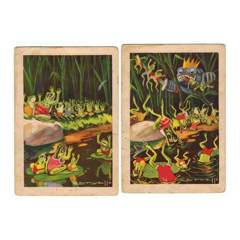 Colección completa de 2 cromos fábula Las Ranas pidiendo Rey. 7,5 x 10,5 cm