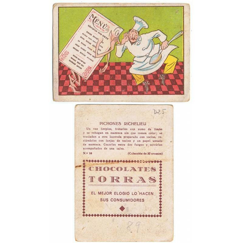 Cromo Recetas Nº 10. Pichones Richelieu. Chocolates Torras