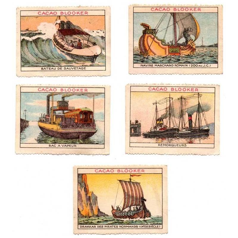Colección de 5 cromos antiguos de barcos. Cacao Blooker