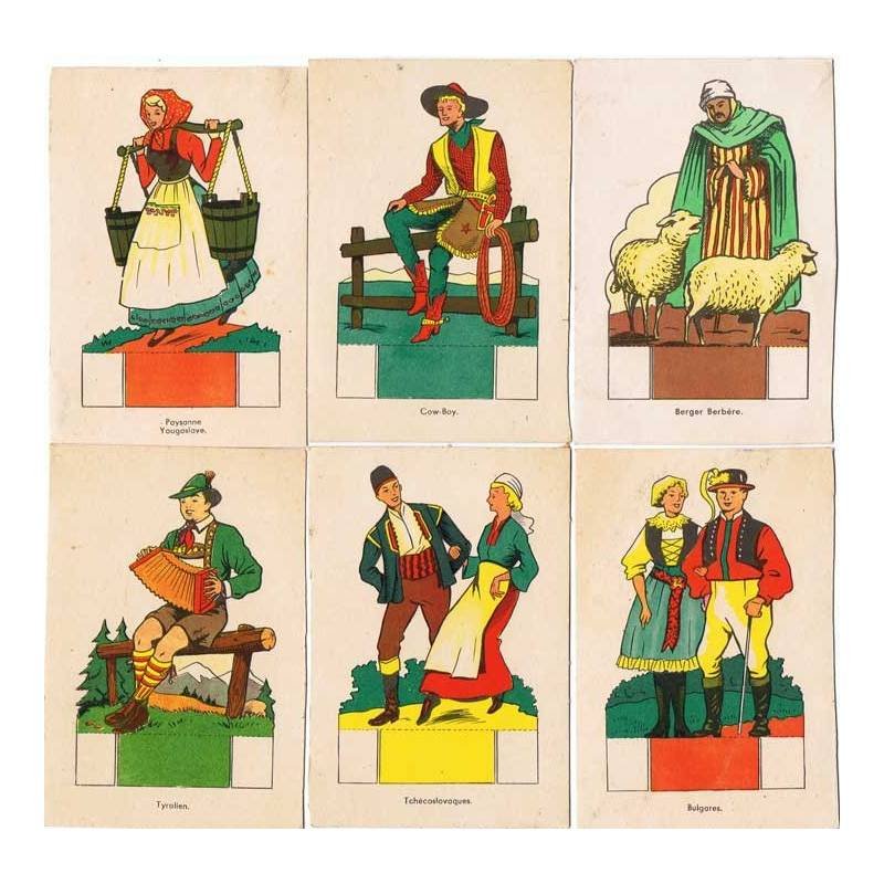 Coleccion de 6 cromos recortables antiguos de gentilicios mundiales