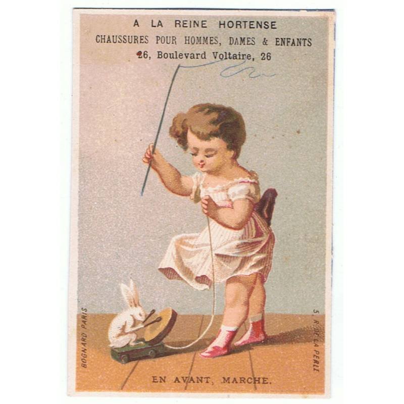Antiguo cromo A la Reine Hortense de la Fabrique de Chaussures Lengronne, Paris