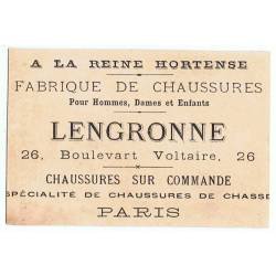 Antiguo cromo A la Reine Hortense de la Fabrique de Chaussures Lengronne, Paris
