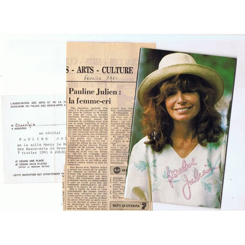 Lote Pauline Julien. Libro con canciones, entrada concierto y recorte de prensa. 1981