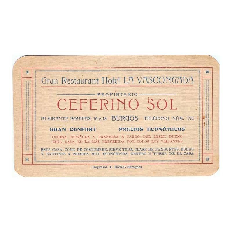 Tarjeta de estancia en el Gran Restaurant Hotel La Vascongada 1921