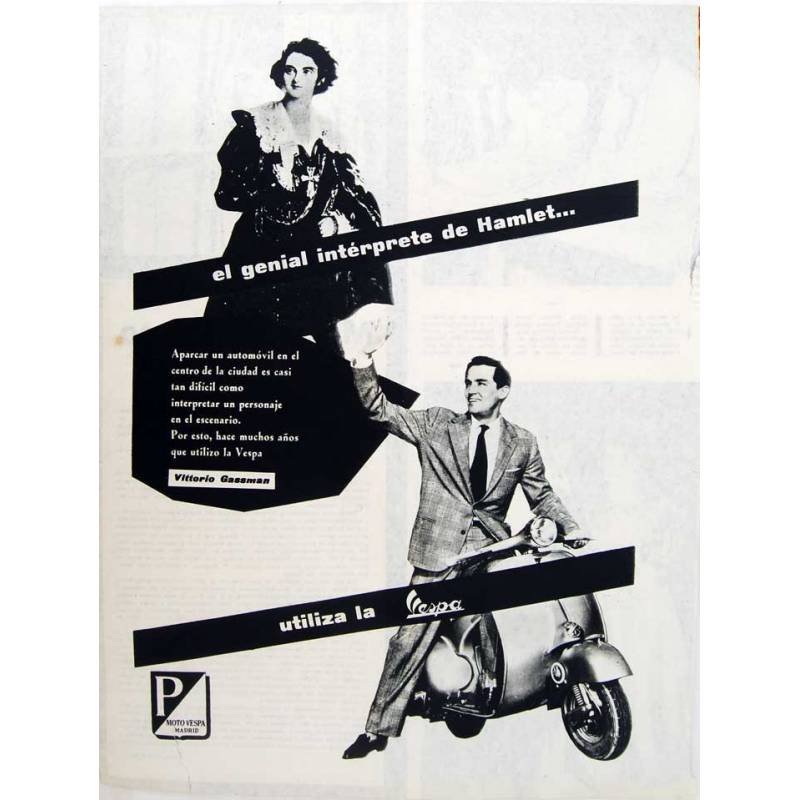 Publicidad Moto Vespa con Vittorio Gassman. Original 1959