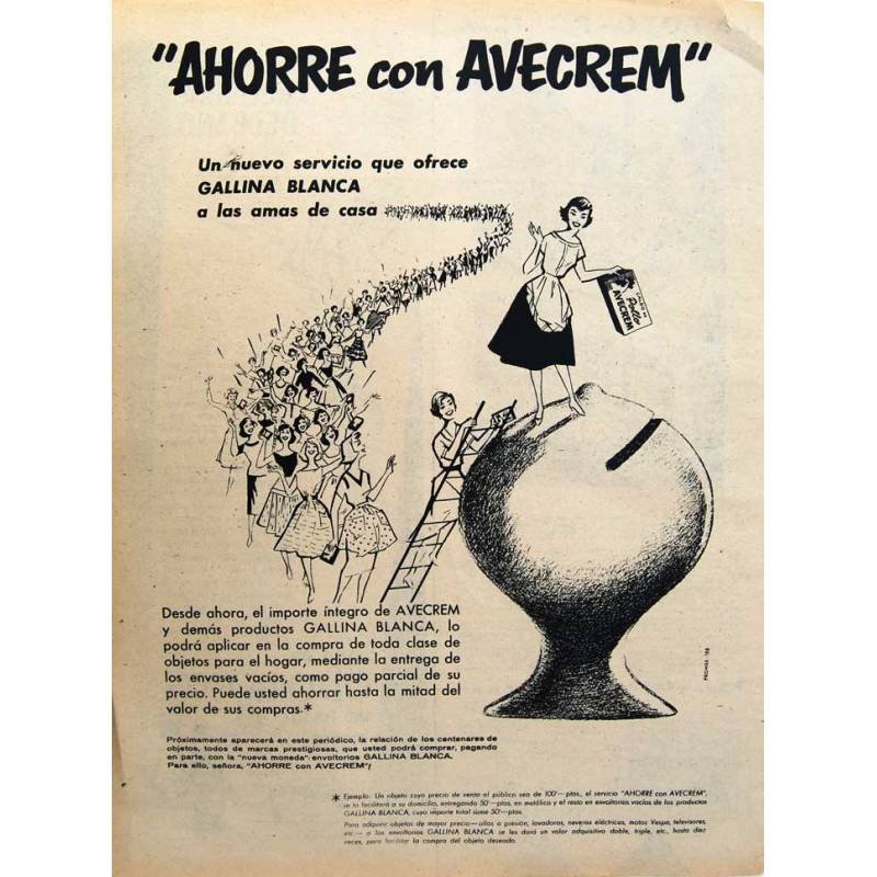 Publicidad Avecrem Gallina Blanca. Original 1959