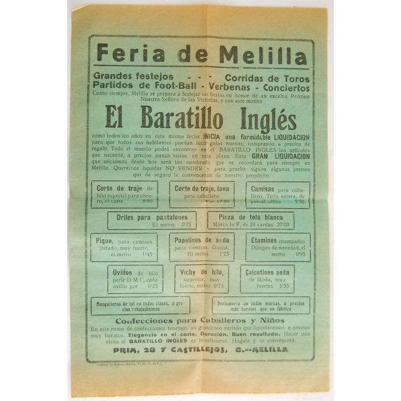 Cartel publicitario Feria de Melilla. El Baratillo Inglés. Principios S. XX