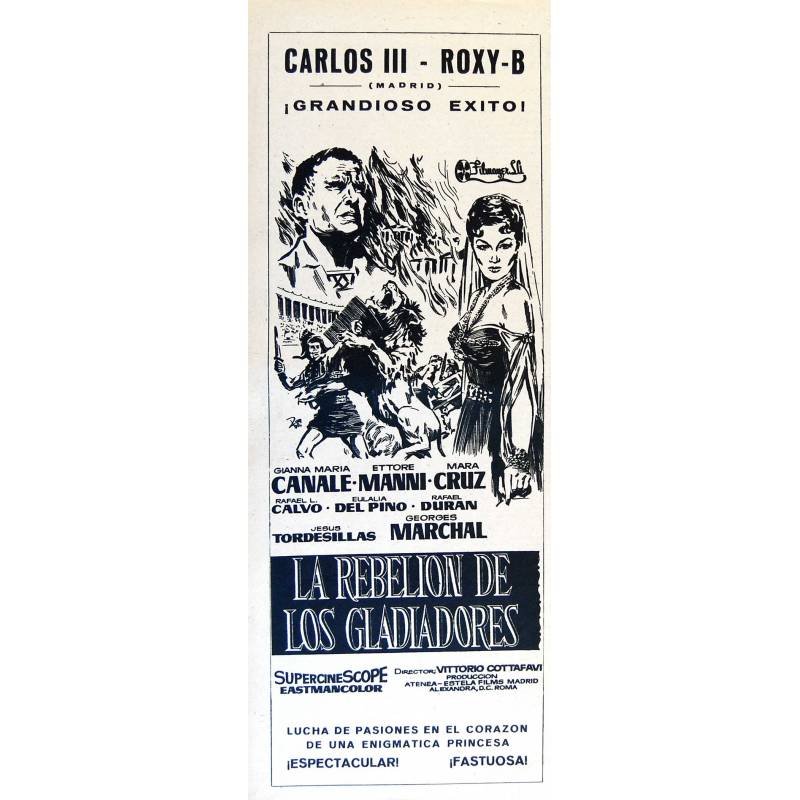 Publicidad de cine de la película La Rebelión de los Gladiadores. Original 1959