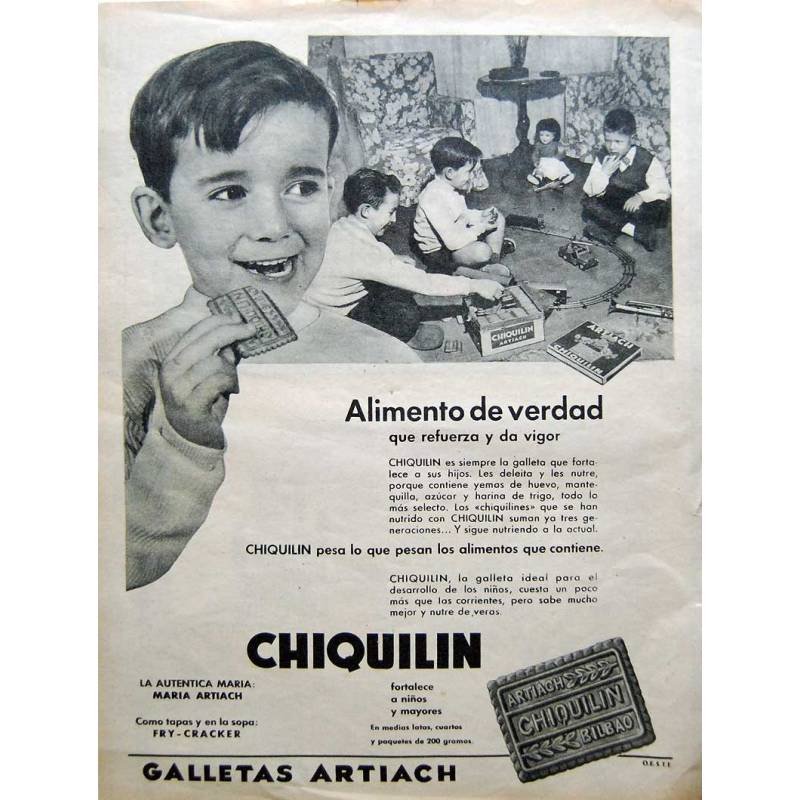 Publicidad Galletas Chiquilin de Artiach. Original 1959