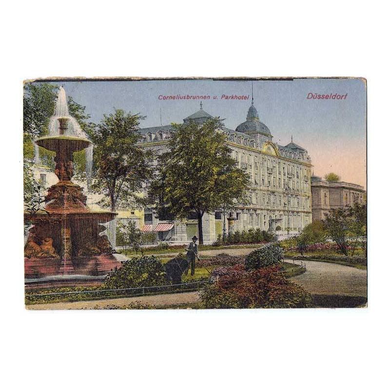 Postal de Alemania. Düsseldorf. Corneliusbrunnen u. Parkhotel. Hermann Lorch Nº 212