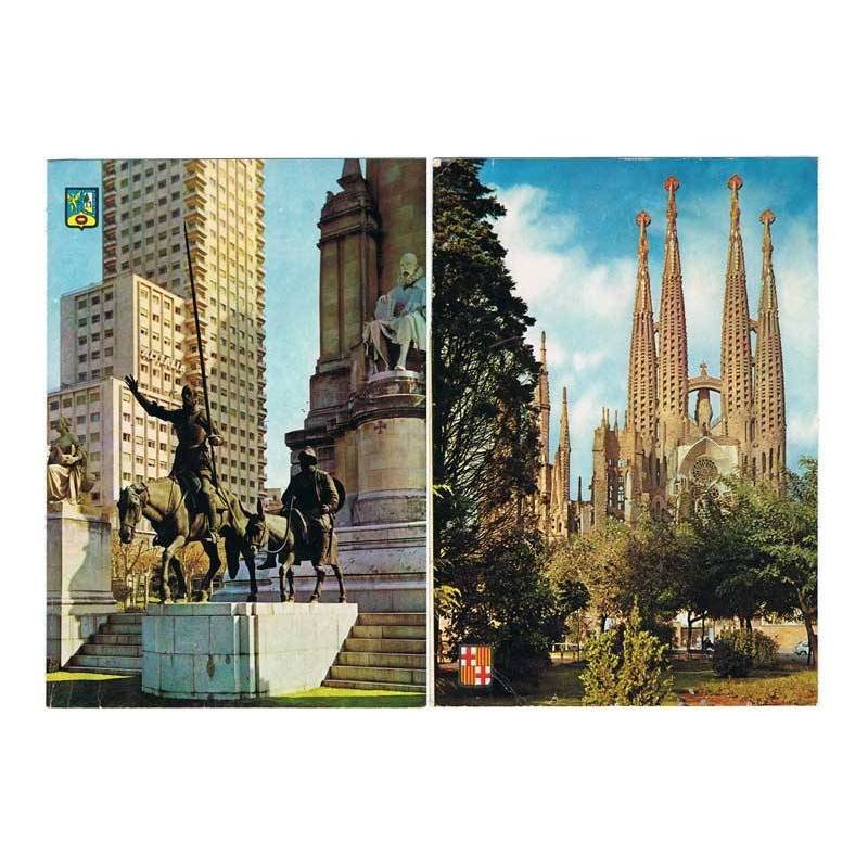 2 postales gigantes de Madrid y Barcelona. Almanaque al dorso de 1963