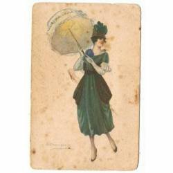 Postal romántica chica con parasol. Escrita. Años 20