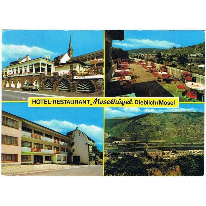 Postal del Hotel-Restaurant Moselhügel. Dieblich / Mosel, Alemania. Escrita y circulada con sello