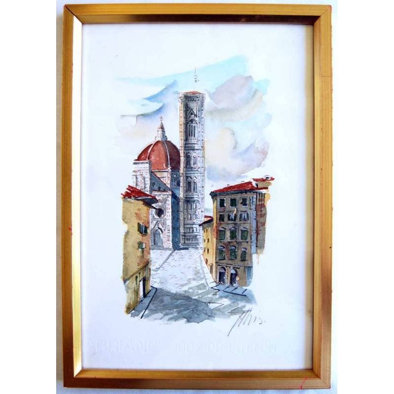 Acuarela original del Duomo y Campanario de Giotto en Florencia. Firmada. Enmarcada