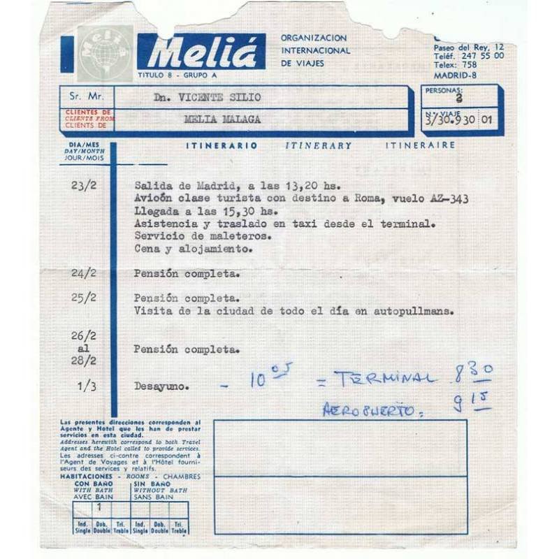 Itinerario de viaje Madrid-Roma de la agencia Meliá. Años 60-70