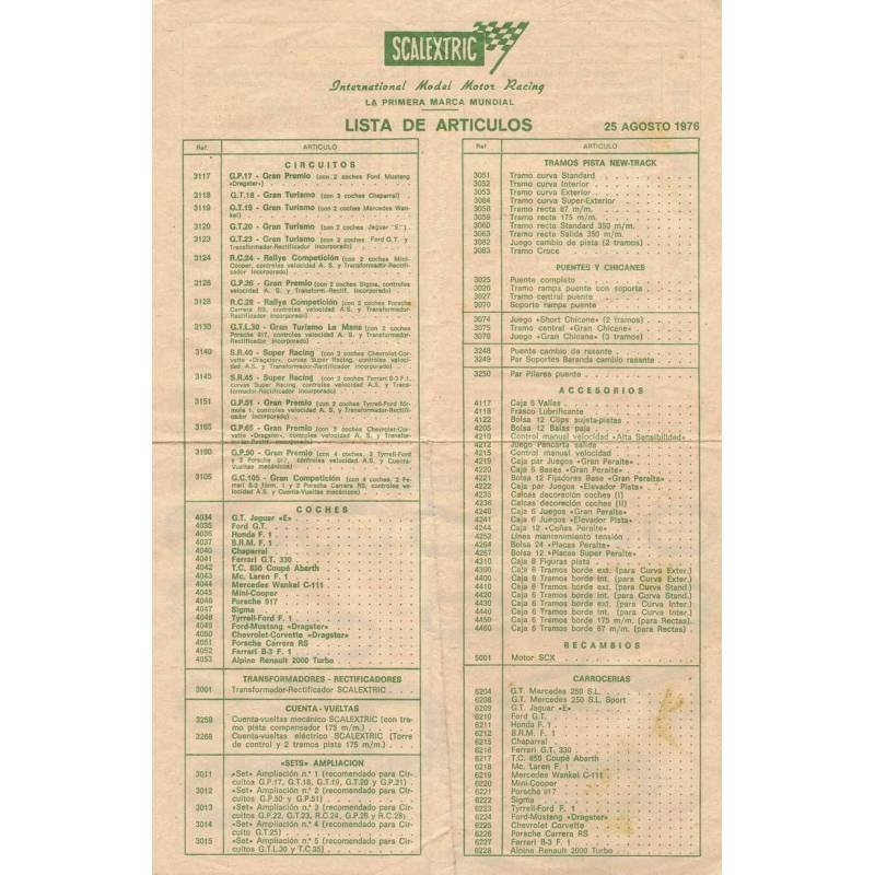 Scalextric. Lista de artículos y circuitos. 25 agosto 1976