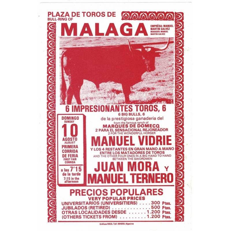 Cartel Plaza de Toros Málaga 10 agosto