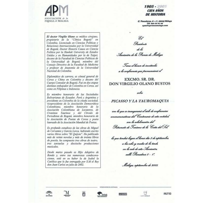 Invitación a conferencia de la Asociación de la Prensa de Málaga por parte de Virgilio Olano Bustos 2005