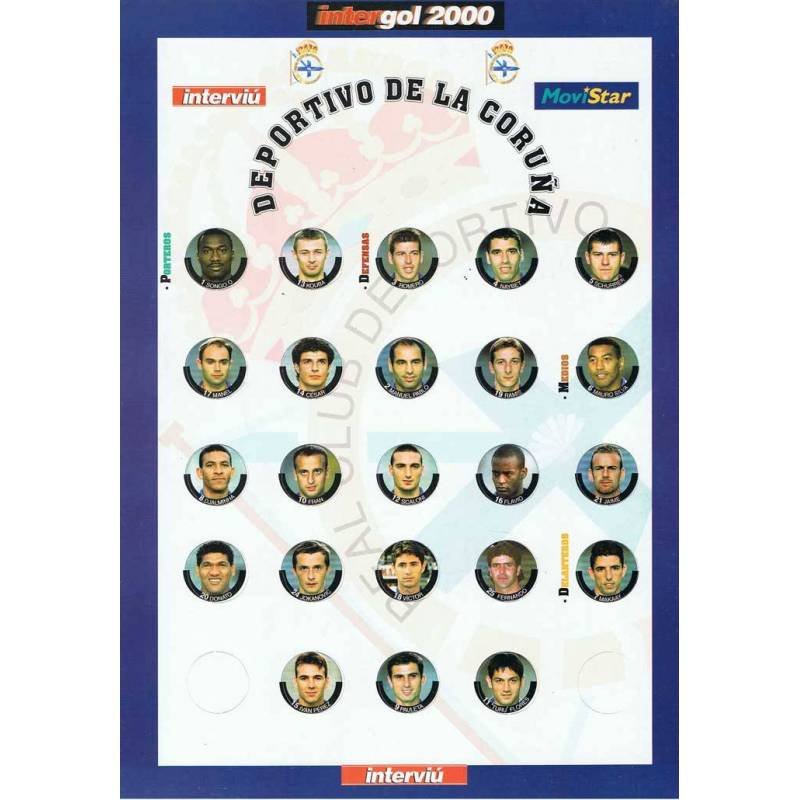 Intergol 2000. Lámina de cromos para chapas. Equipo completo Deportivo de La Coruña