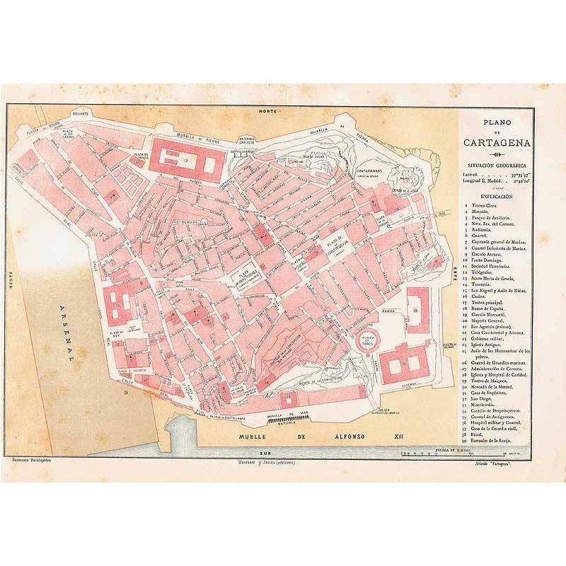 Lámina Plano de Cartagena. Diccionario Enciclopédico Hispano-Americano 1888