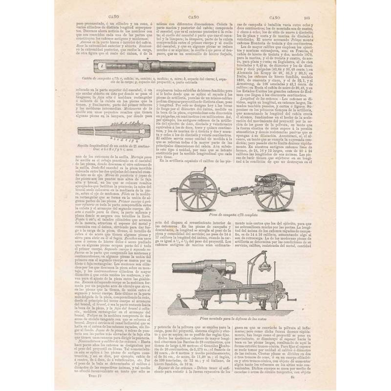 Lámina Cañones de Artillería. Piezas. Diccionario Enciclopédico Hispano-Americano 1888