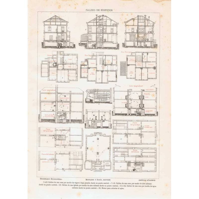 Lámina Caldeo de Edificios. Planos. Diccionario Enciclopédico Hispano-Americano 1888