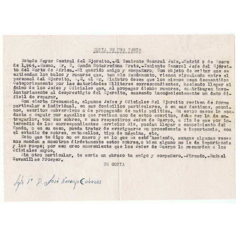 Copia de una carta de Rafael Cavanillas Prosper al General Ramón Gotarredona Prats 1964