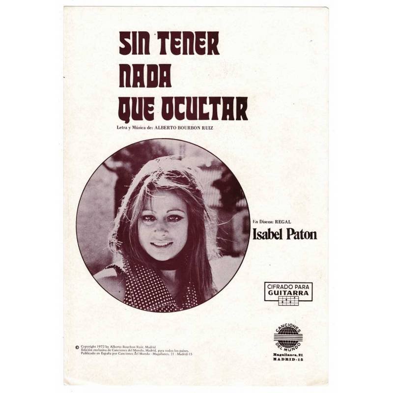 Cancionero Sin tener nada que ocultar de Isabel Paton con cifrado para guitarra