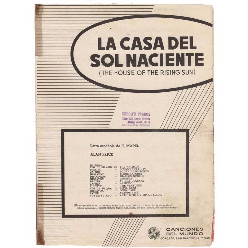 Cancionero Partituras La Casa del Sol Naciente de Alan Price