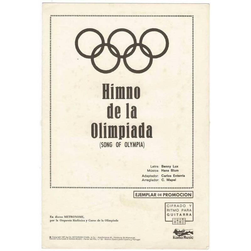 Cancionero Himno de la Olimpiada de Hans Blum con cifrado para guitarra