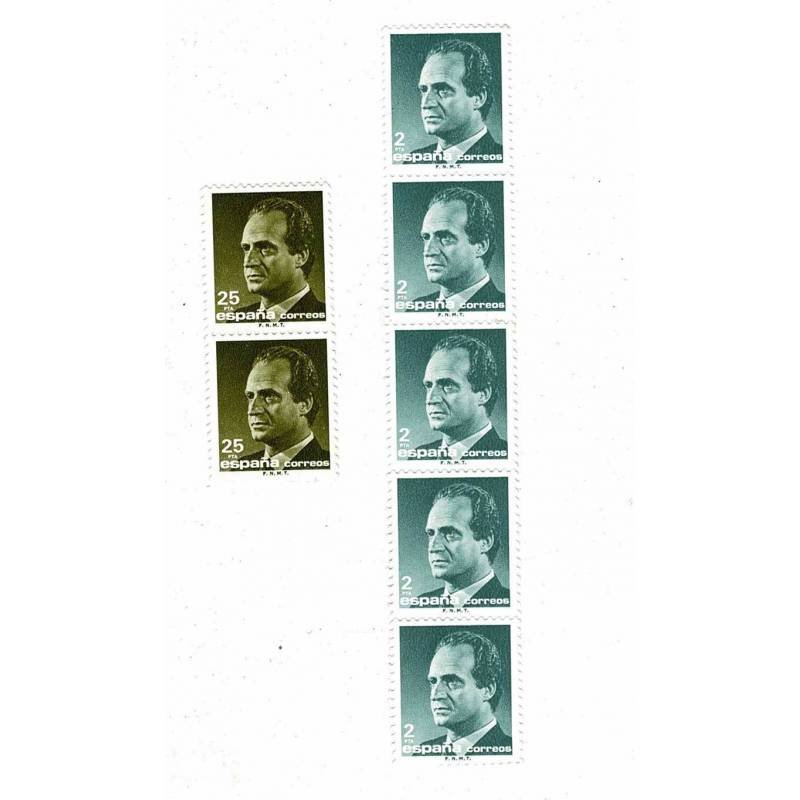 Juan Carlos I. Dos tiras con 5 sellos de 2 ptas + 2 sellos de 25 ptas. Nuevos con goma
