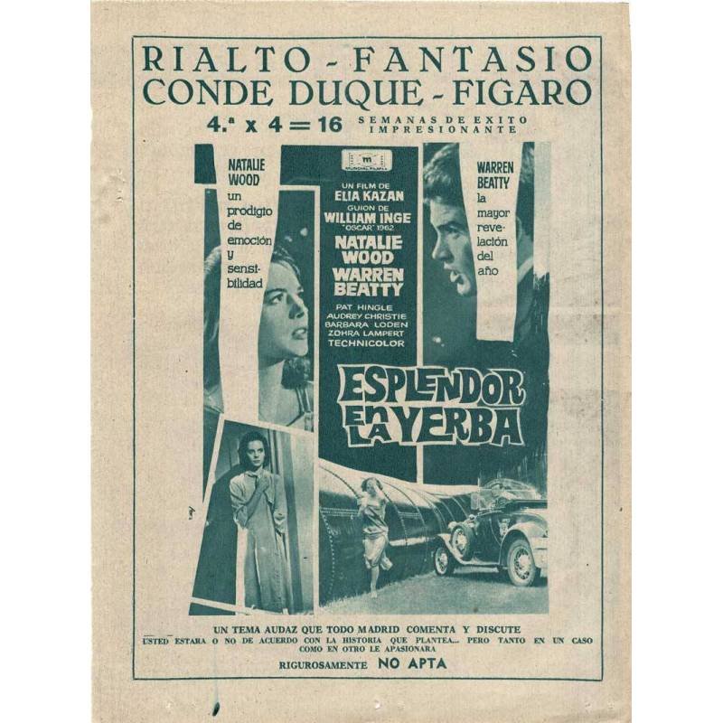 Publicidad película Esplendor en la Yerba. Cines Rialto, Fantasio, Conde Duque, Fígaro