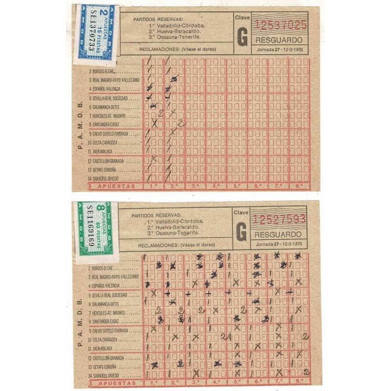 Lote de 2 quinielas Jornada 27 - 12-3-1978 con timbres