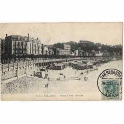 Postal Guipúzcoa. San Sebastián. Playa vista general No. 16 + sello tasas 10 centimes francés