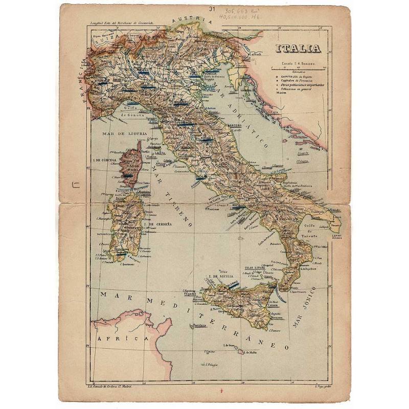 Mapa antiguo de Italia, Austria, Hungría y Checoslovaquia. Litografía Vega