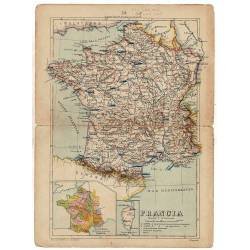 Mapa antiguo de Portugal y Francia. Litografía Vega