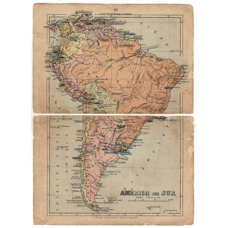 Mapa antiguo de América del Sur y Oceanía. Litografía Vega