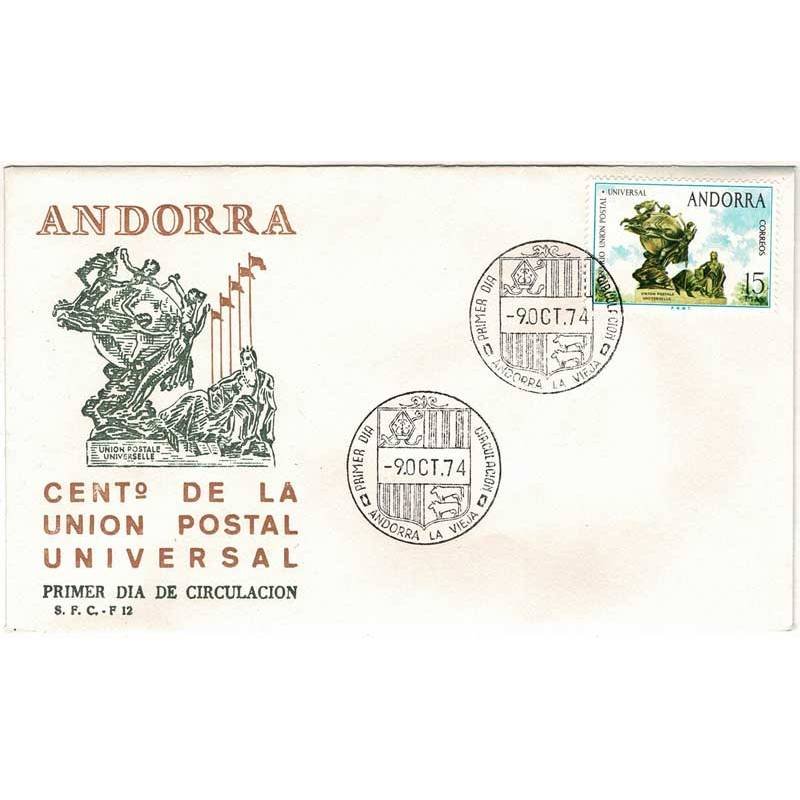 Sobre Primer Día FDC Andorra Centenario Unión Postal Universal 1974