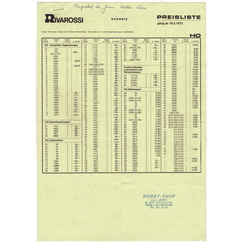 Lista de precios oficial Rivarossi 1973