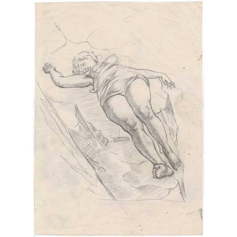 Dibujo a lápiz mujer sobre roca y bocetos de desnudos femeninos. Artista por identificar
