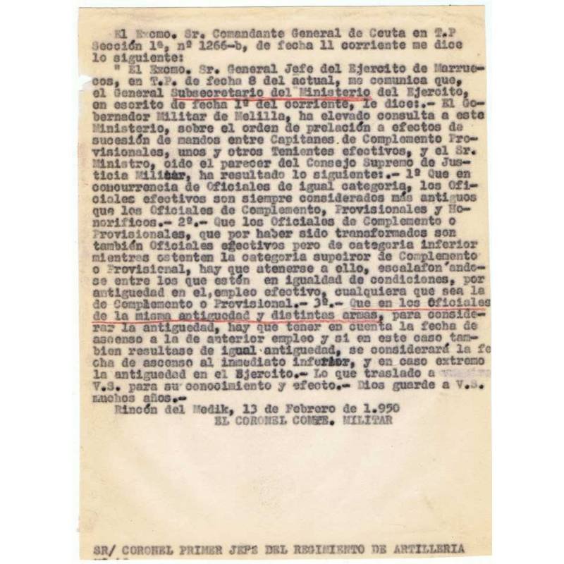 Documento militar mecanografiado. Consulta de sucesión de mandos. Rincón del Medik 1950